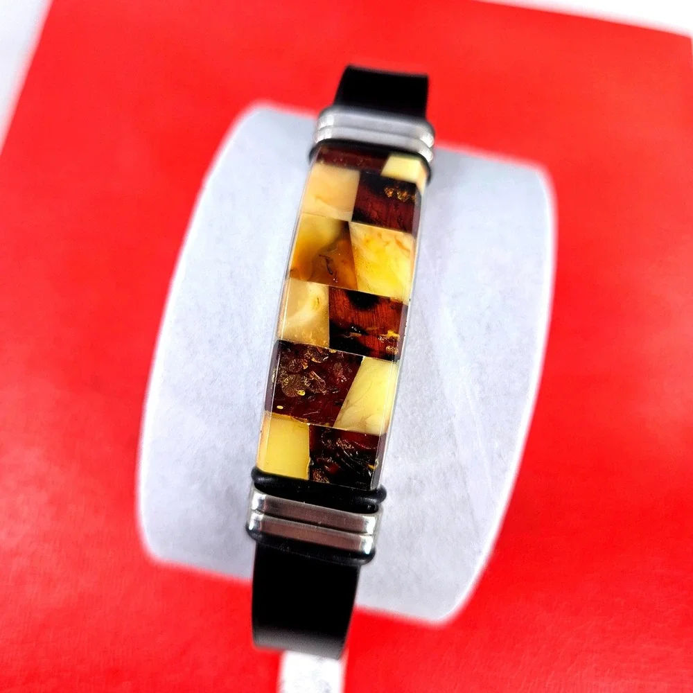 Ewa Plachta Baltic Amber Stainless Steel Leather Checkerboard Bracelet Unisex‎